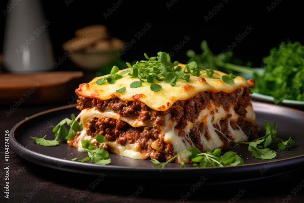 Close up view of a sliced beef lasagne with fresh parsley garnish revealing its enticing layers Close up view of a sliced beef lasagne with fresh parsley garnish revealing its enticing layers