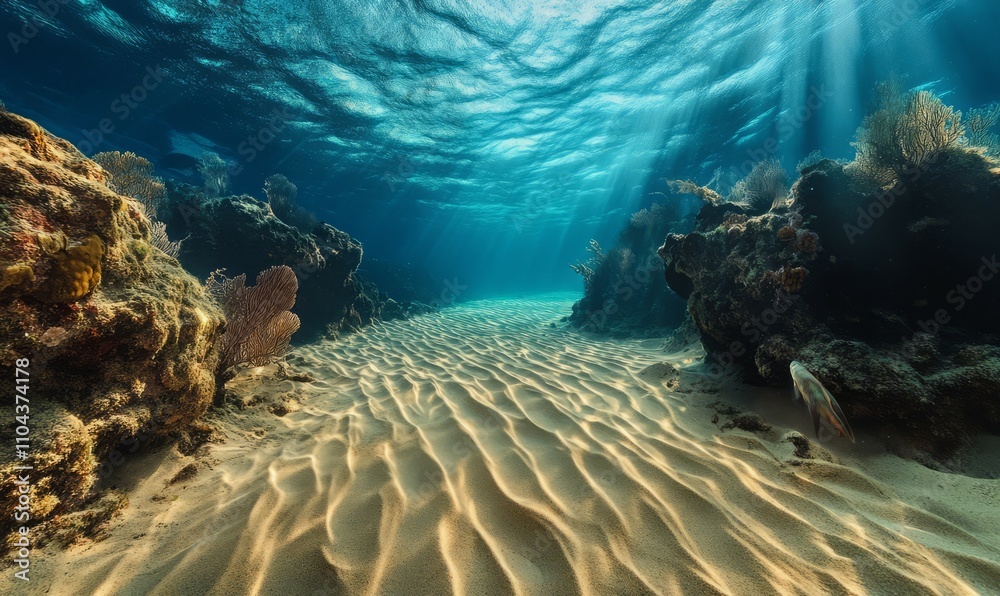 Obraz premium A powerful underwater current pulling sand and marine life along the ocean floor, ocean current power, underwater force