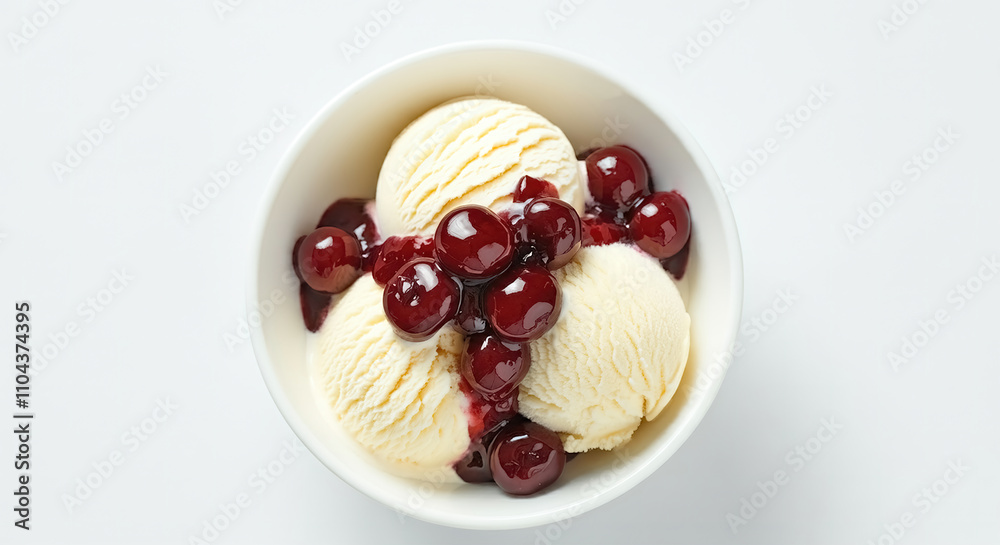 Isolated top view of cherry vanilla ice cream with cherry sauce in white bowl on white background Isolated top view of cherry vanilla ice cream with cherry sauce in white bowl on white background