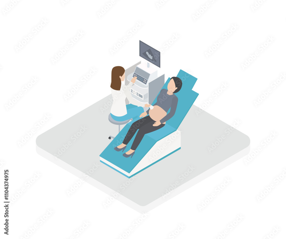 Doctor making ultrasound examination to patient isometric vector illustration. Female gastroenterologist make abdominal ultrasound check. Doctor making ultrasound examination to patient isometric vector illustration. Female gastroenterologist make abdominal ultrasound check.