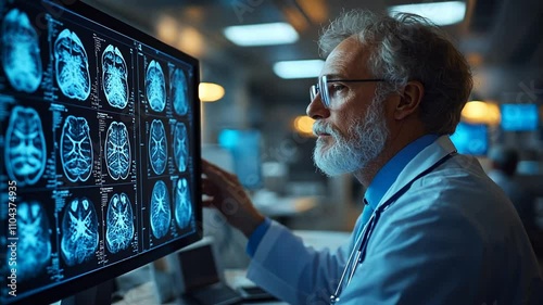 Senior doctor reviewing brain scans on a large monitor