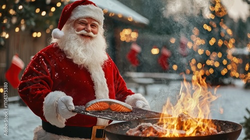 Santa grilling salmon at a joyful christmas celebration in a winter wonderland