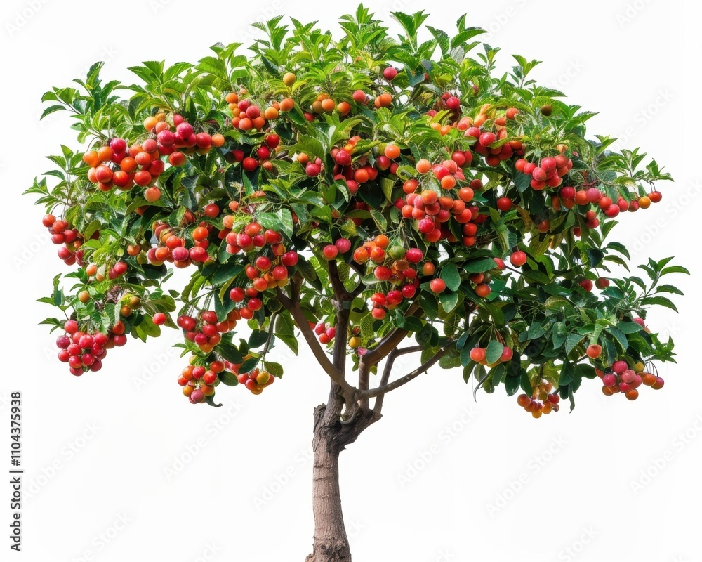 A vibrant fruit tree bursting with ripe cherries in shades of red and yellow against a clean white background. A vibrant fruit tree bursting with ripe cherries in shades of red and yellow against a clean white background.
