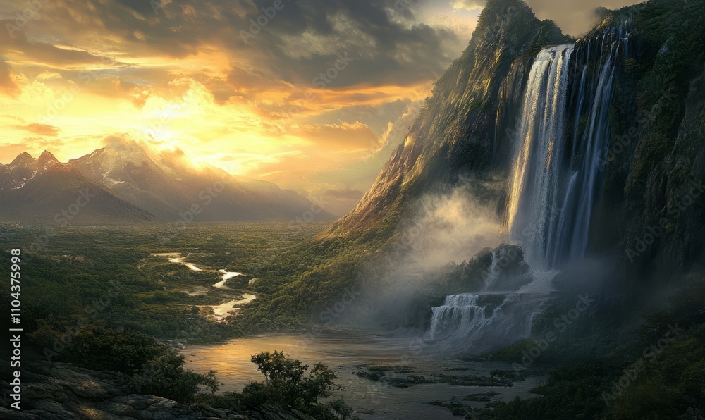 Fototapeta premium A majestic waterfall cascading down a mountain, with mist rising and sunlight reflecting off the water, waterfall power, nature s energy