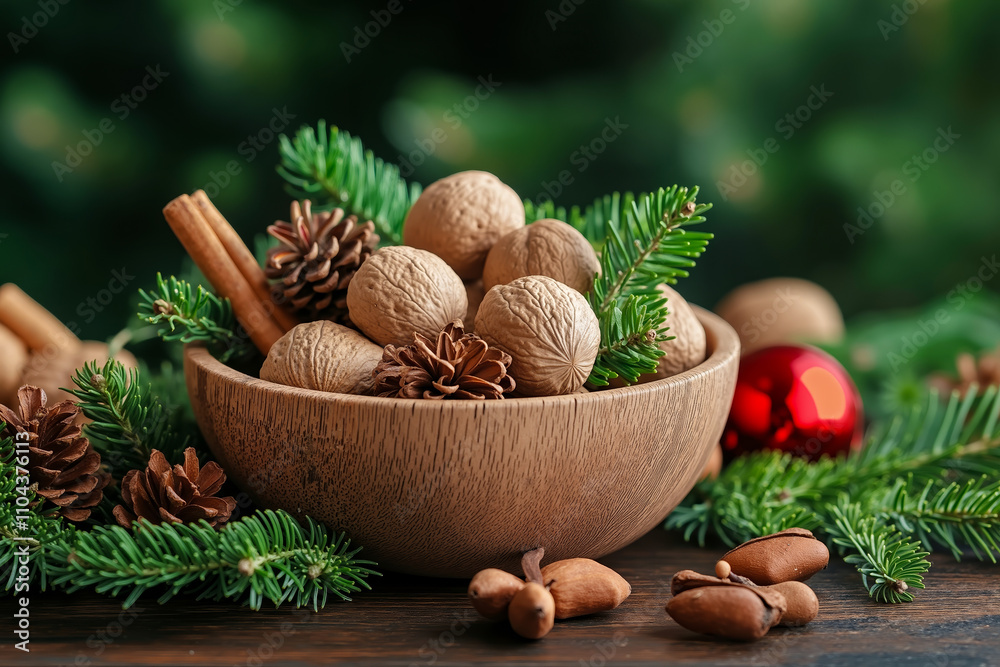 A wooden bowl filled with nuts and pine cones on a table