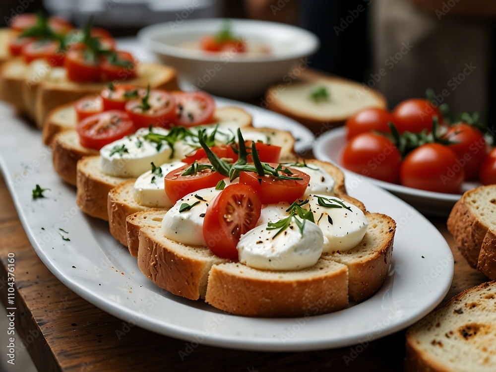 Catering buffet with bread, mozzarella, and tomatoes. Catering buffet with bread, mozzarella, and tomatoes.