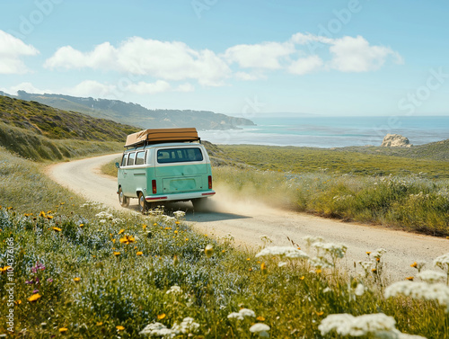 Adventure road trip in a vintage van coastal highway travel scenic view