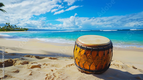 Native Hawaiian pahu drum resting on sandy beach with turquoise waters and bright sky on a sunny day photo