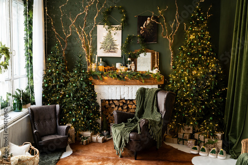 Fireplace room with Christmas decor. Classic armchairs, Christmas tree and fireplace