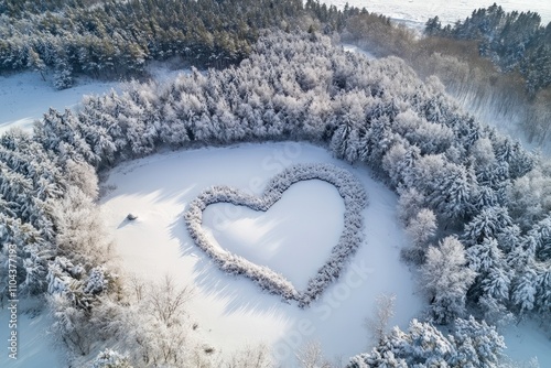 An aerial view of a snowy landscape with a heart-shaped clearing in the forest,