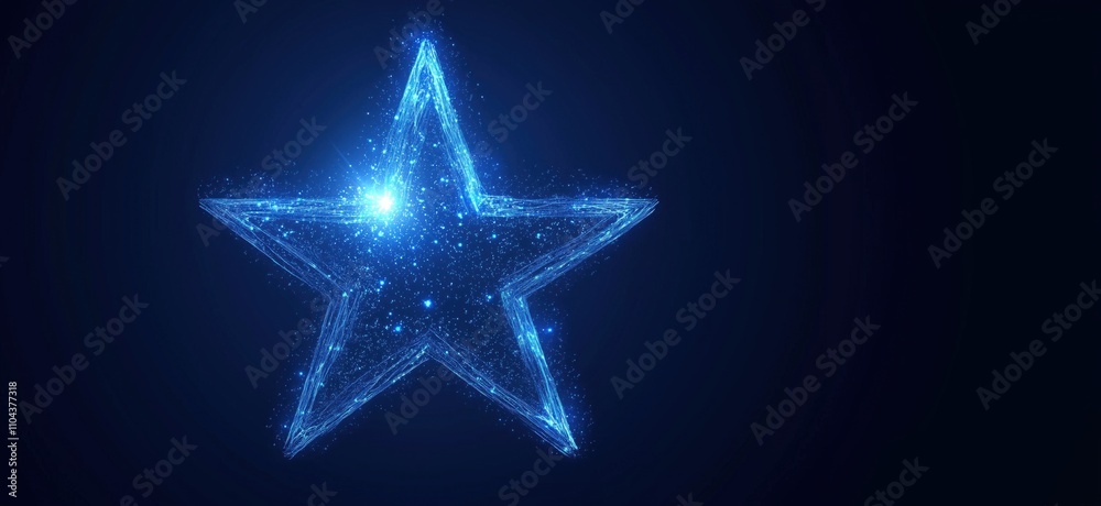 Glowing blue star, digital design, sparkling particles, futuristic aesthetic, copy space for text Glowing blue star, digital design, sparkling particles, futuristic aesthetic, copy space for text