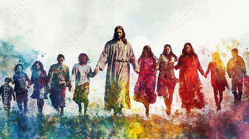 Jesus christ holding hands with diverse group of people digital watercolor painting vector illustration
