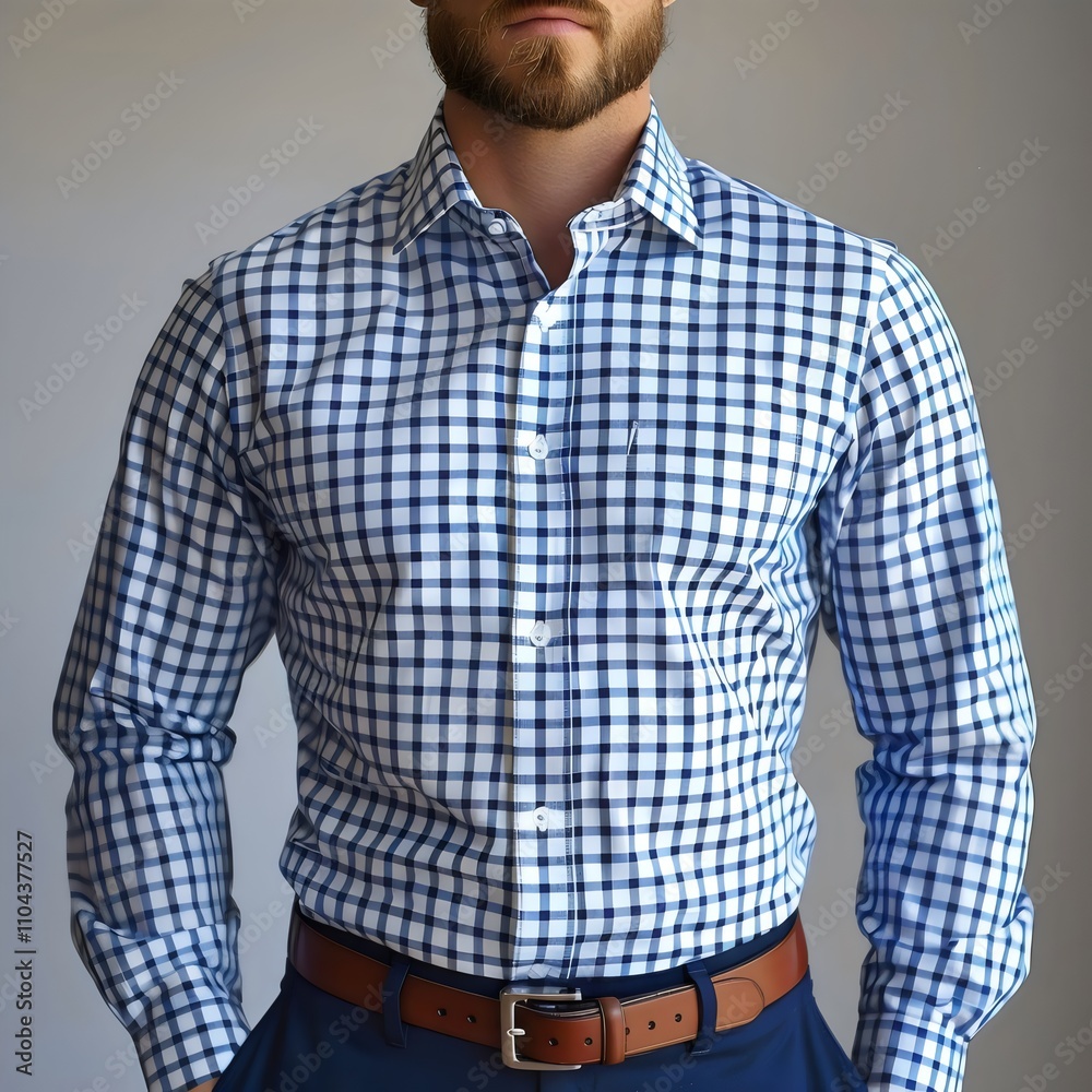 Fototapeta premium A man wearing a blue and white plaid shirt and brown belt