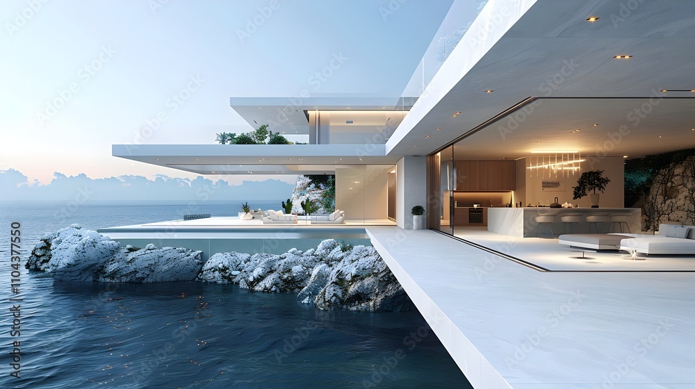 Fototapeta premium A large white house with a balcony overlooking the ocean