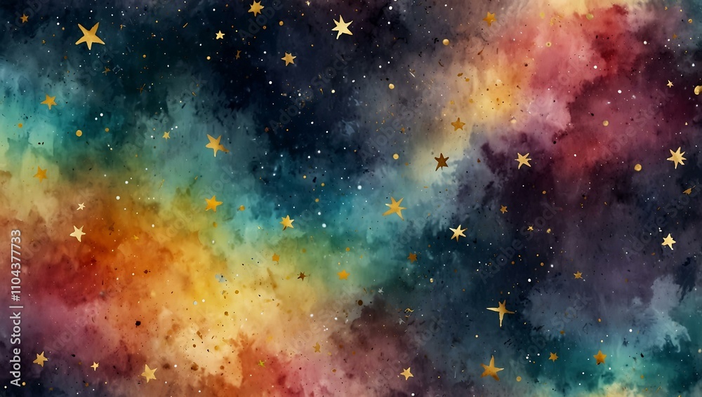Naklejka premium Celestial gradient watercolor background with golden stars.