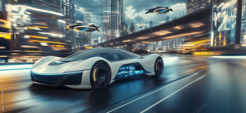Futuristic car speeding through neon cityscape, sleek design, illuminated interior, flying drones overhead, modern architecture, copy space for text Futuristic car speeding through neon cityscape, sleek design, illuminated interior, flying drones overhead, modern architecture, copy space for text