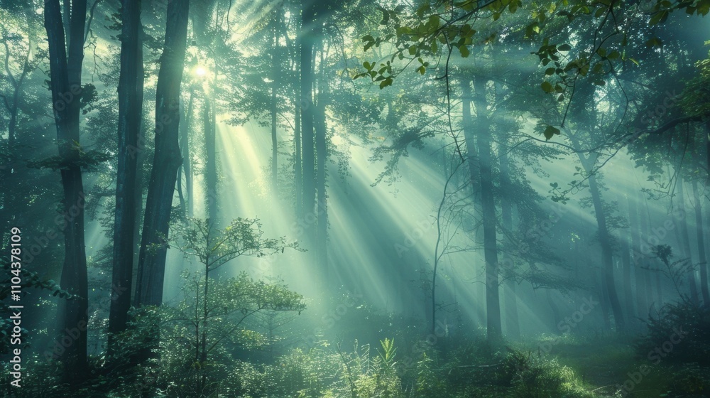A misty forest radiating with soft, ethereal light filtering through the trees. A misty forest radiating with soft, ethereal light filtering through the trees.