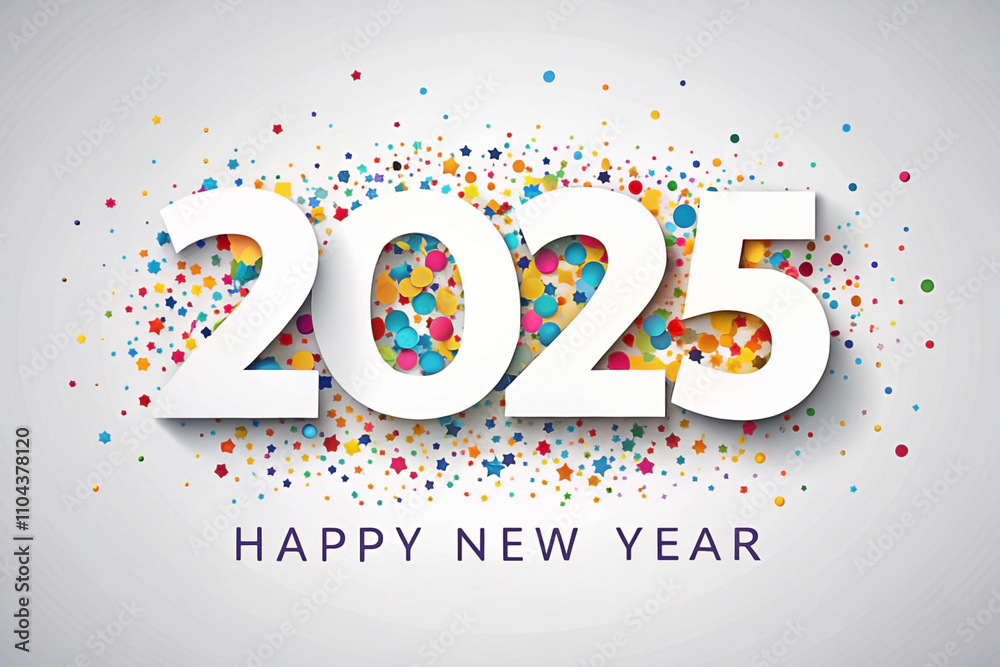 Fototapeta premium 2025 Happy New Year greeting card with colorful confetti. (1)