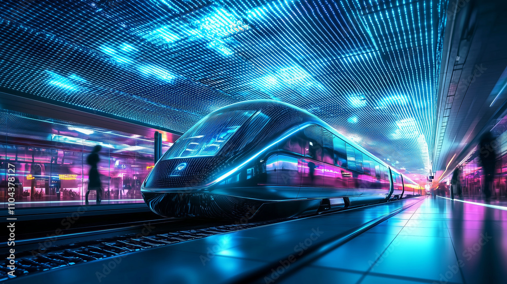 Futuristic train in a neon lit subway station.. Futuristic train in a neon lit subway station..