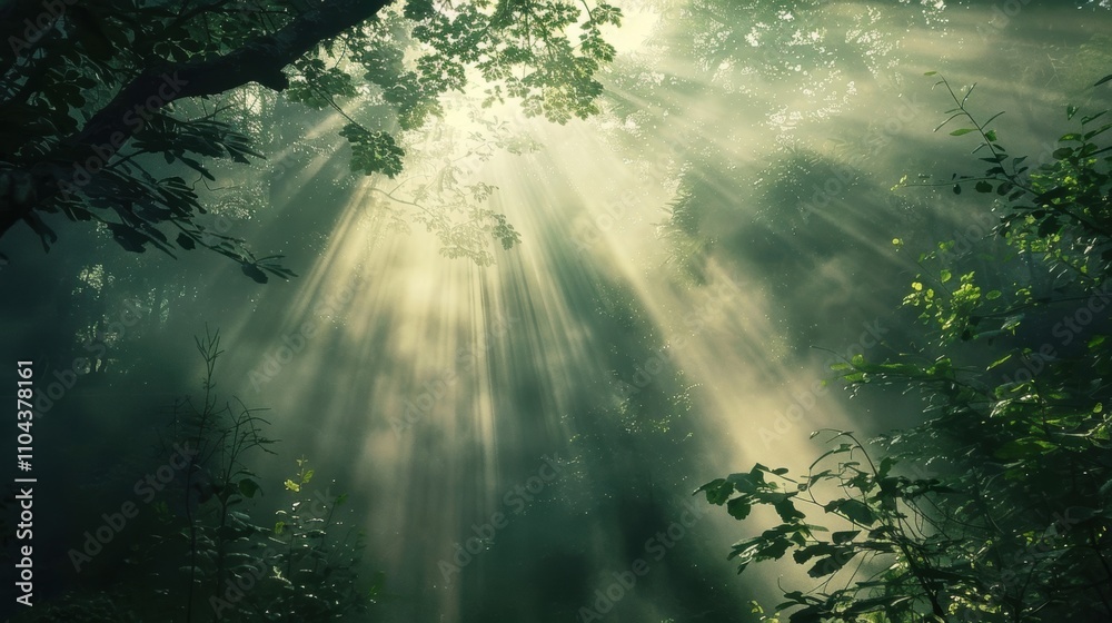 A serene forest scene with sunlight piercing through dense foliage, creating enchanting light rays. A serene forest scene with sunlight piercing through dense foliage, creating enchanting light rays.