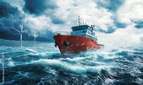 A hydro powered ship sailing through turbulent seas, representing the blend of renewable energy and nature photo