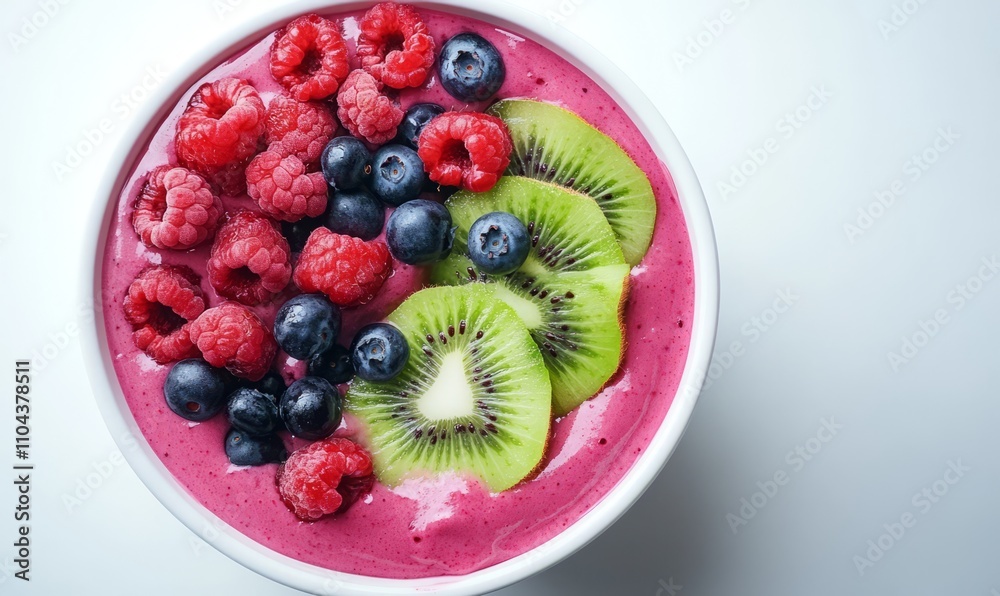 A vibrant smoothie bowl topped with fresh berries and kiwi slices A vibrant smoothie bowl topped with fresh berries and kiwi slices