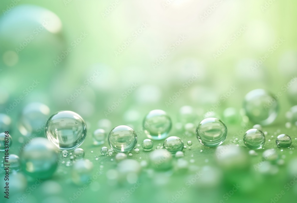 Close up view of water drops. Green surface reflecting light. Drops clear, round. Nature eco theme. Fresh water. Clean water. Water droplet macro. Water bubbles. Soft focus. Soft light. Abstract.