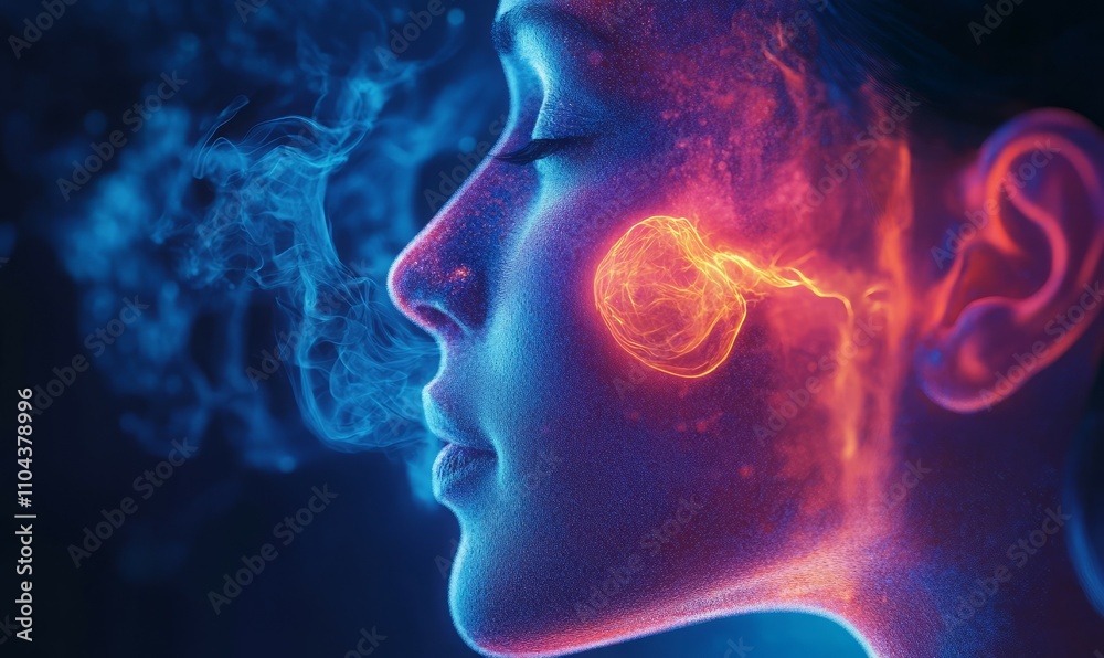 A luminous and detailed depiction of a woman's face, highlighting the body organs involved in the sensory systems, with a focus on the ear and nose A luminous and detailed depiction of a woman's face, highlighting the body organs involved in the sensory systems, with a focus on the ear and nose