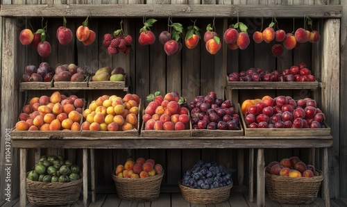 A rustic fruit stand displaying a variety of fresh fruits, including peaches, plums, and cherries, capturing the essence of a summer farmer market