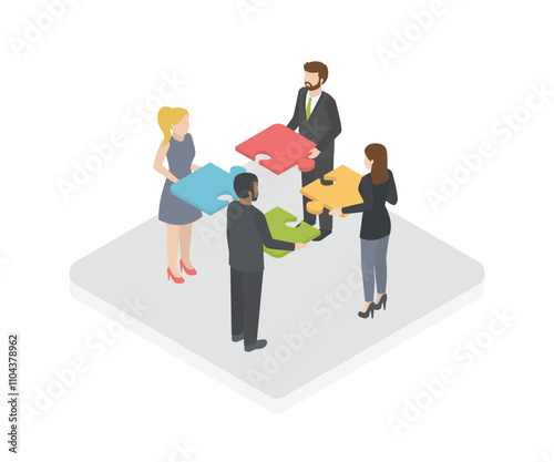 Isometric people teamwork puzzle icon on white background. Teamwork with puzzle icon for web site and icon. Creative business concept. Vector illustration of team work, simple style