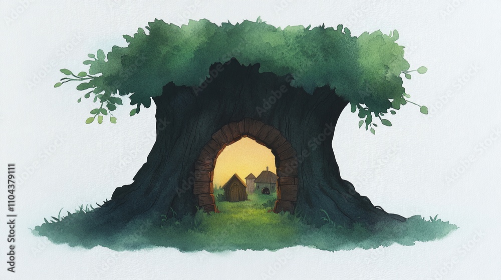 Fototapeta premium Magical village viewed through a hollow tree trunk, fantasy woodland setting, lush greenery, soft light, imaginative and whimsical storytelling, serene and enchanting illustration.