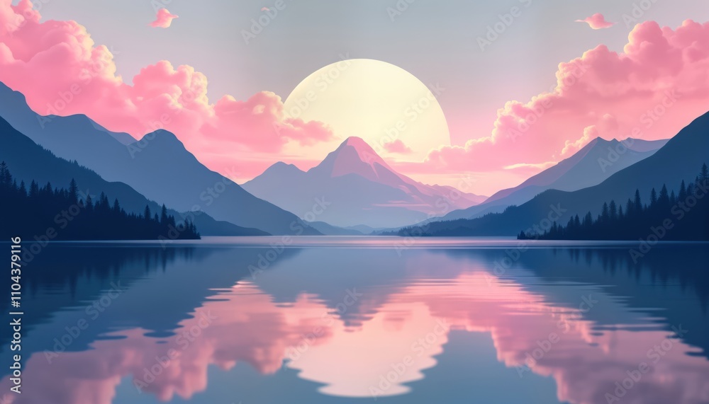 Fototapeta premium Serene lake landscape reflects tranquil pink clouds, mountains. Sunrise sunset paints sky. Minimalist style with quiet colors evokes feeling of peace. Silhouette trees line calm water edge. Perfect