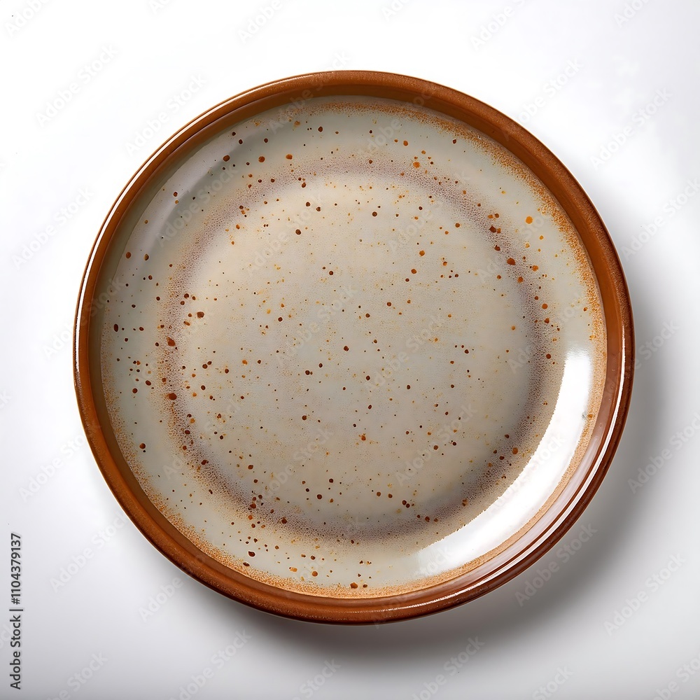 Simple ceramic plate with speckled design on a terrazzo table surface in natural light, cut out Simple ceramic plate with speckled design on a terrazzo table surface in natural light, cut out