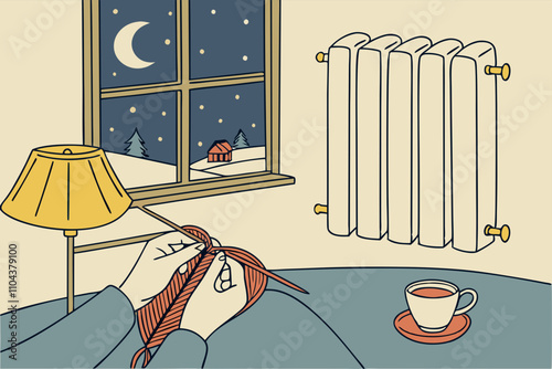 Cozy knitting session by antique radiator
