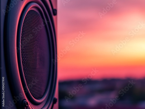 A large speaker stack vibrates visibly, creating sound waves while set against a warm, sunset-colored wall, showcasing audio power and clarity photo