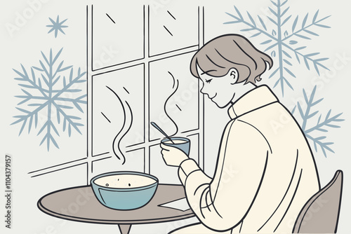 Frost-covered window breakfast meditation scene
