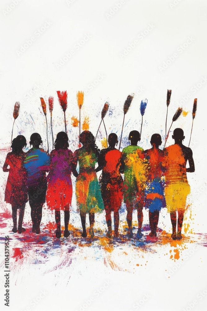 Naklejka premium Colorful figures hold tall stalks; vibrant, abstract art.