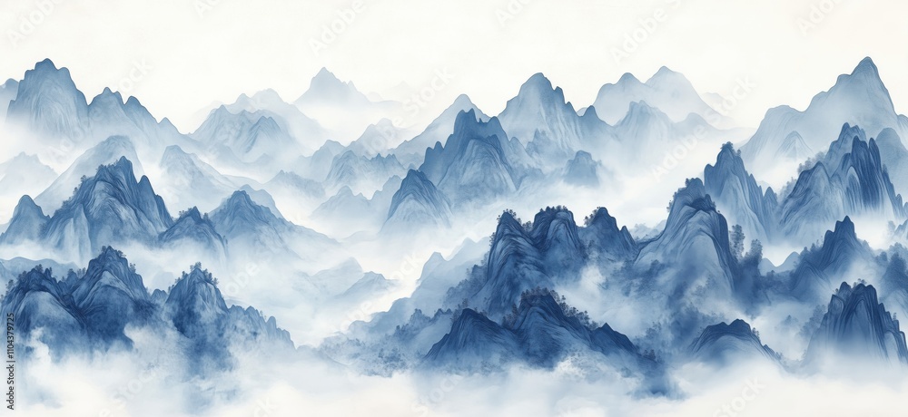 Mountain landscape with mist and blue tones, serene and tranquil atmosphere, layered peaks, soft clouds, traditional Chinese art style, copy space for text Mountain landscape with mist and blue tones, serene and tranquil atmosphere, layered peaks, soft clouds, traditional Chinese art style, copy space for text