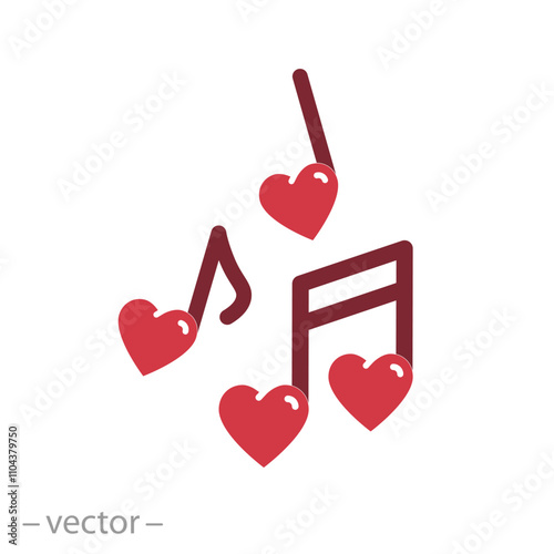 heart shaped notes icon, melody of love, music of lovers, concept of valentines day, flat web symbol, vector illustration