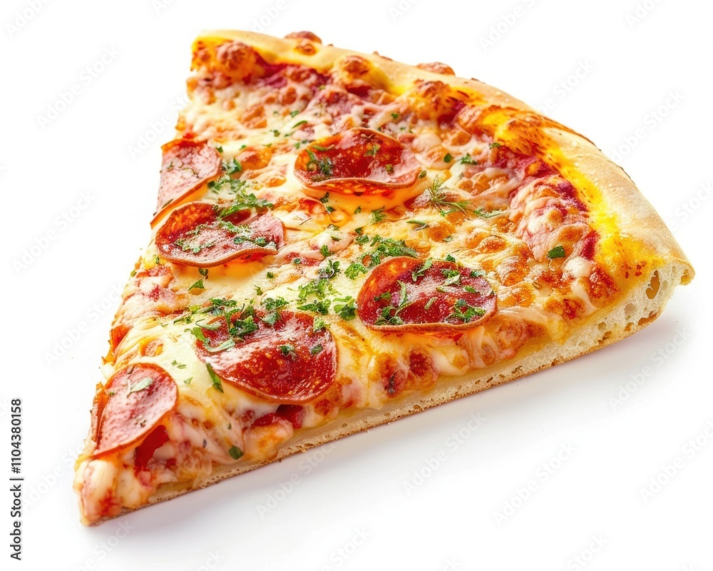 A delicious slice of pepperoni pizza topped with herbs, showcasing melted cheese and savory toppings. A delicious slice of pepperoni pizza topped with herbs, showcasing melted cheese and savory toppings.