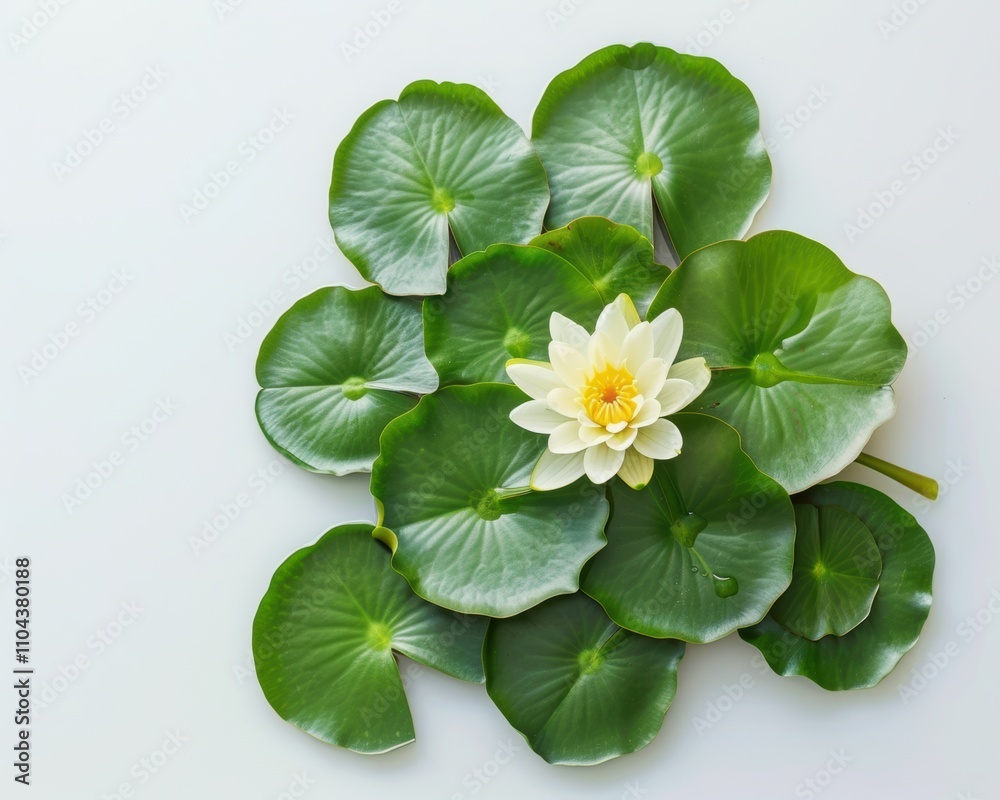 A beautiful white water lily bloom surrounded by lush green leaves, creating a serene and tranquil aquatic scene. A beautiful white water lily bloom surrounded by lush green leaves, creating a serene and tranquil aquatic scene.