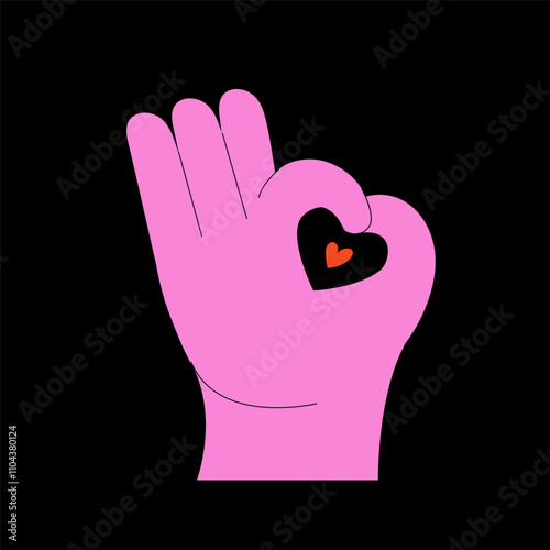 Playful illustration featuring hand gestures. Okay sign with red heart, emoji, expressive details. Modern communication concepts.