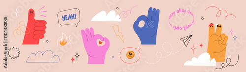 Playful illustration featuring hand gestures, speech bubbles, and fun elements. Thumb-up, okay sign, emoji, expressive details. Modern communication concepts.