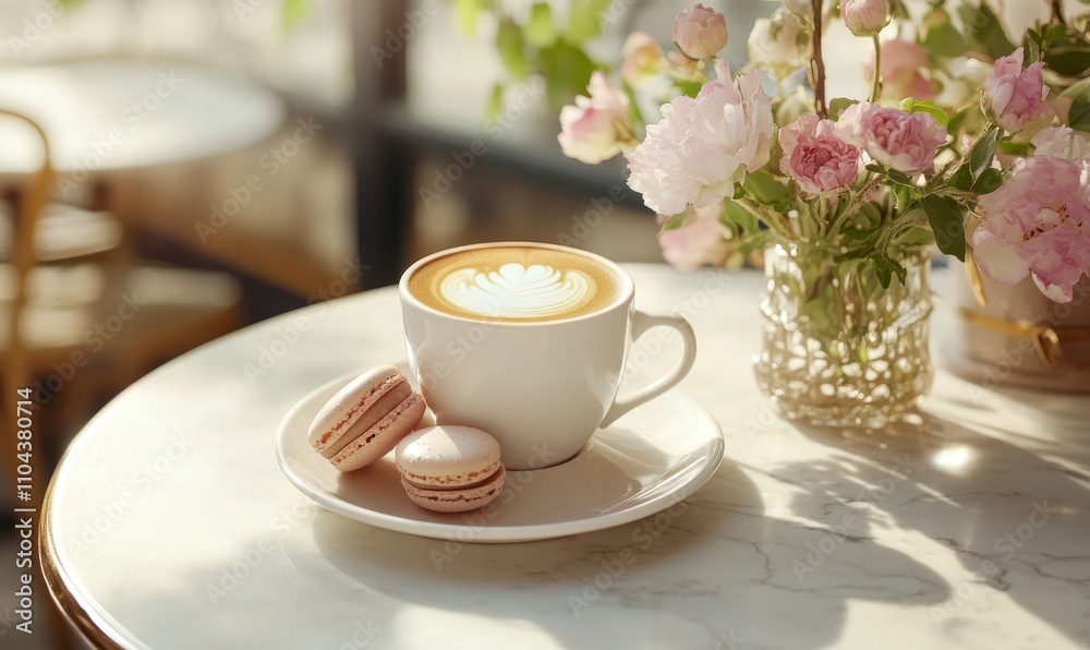 A picturesque cafe corner featuring a cup of cappuccino and a plate of macarons, beautifully styled with fresh flowers for a charming afternoon break A picturesque cafe corner featuring a cup of cappuccino and a plate of macarons, beautifully styled with fresh flowers for a charming afternoon break