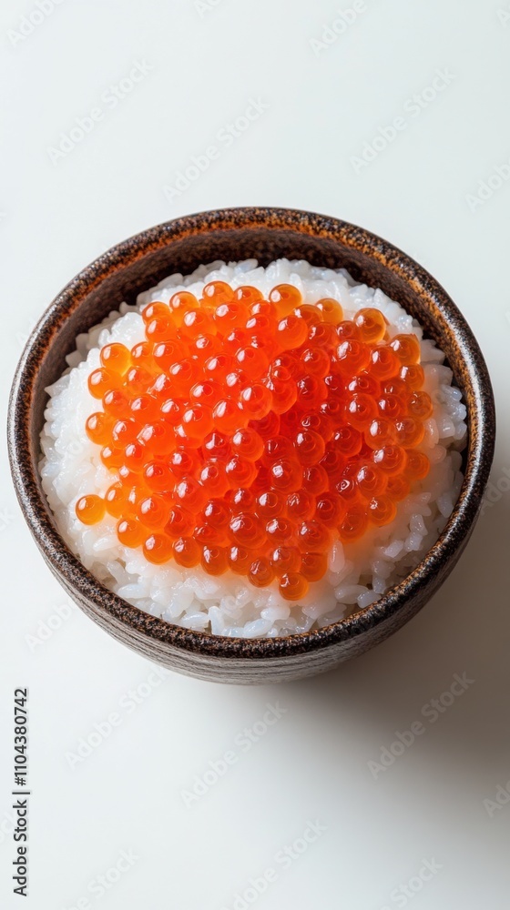 きれいな白い背景に、真っ赤なイクラを乗せた白米の丼を空から撮影した写真 きれいな白い背景に、真っ赤なイクラを乗せた白米の丼を空から撮影した写真