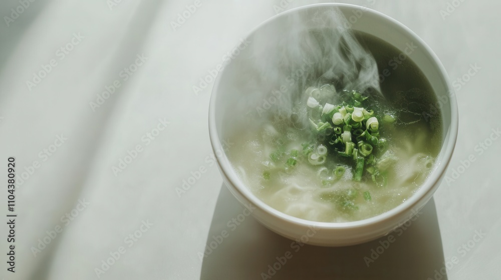明るくきれいな背景に、野菜が入った湯気の立つスープボウル 明るくきれいな背景に、野菜が入った湯気の立つスープボウル