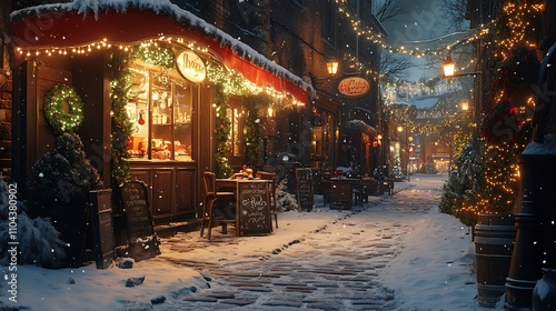 a coffee shop decorated with Christmas lights on a snowy street