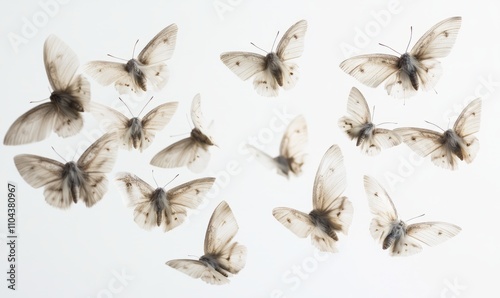 A swarm of delicate moths flying in a perfect heart shape against a white background. High-resolution details capture the soft wings in mid-flight