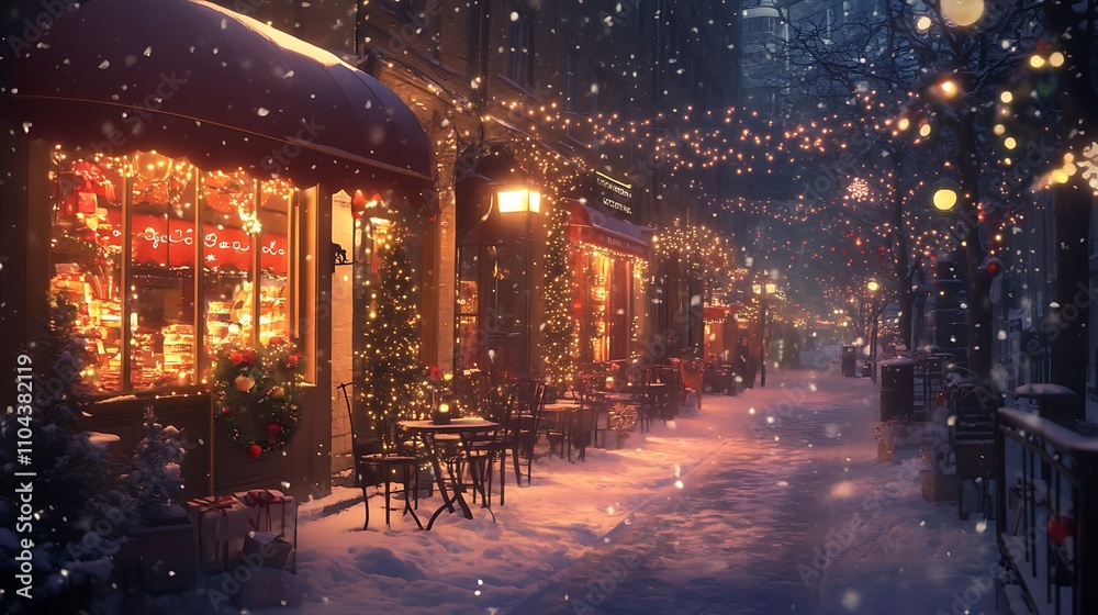 a coffee shop decorated with Christmas lights on a snowy street a coffee shop decorated with Christmas lights on a snowy street