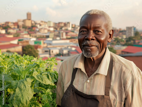 An Elderly African Man Proudly Displays His Lush Rooftop Vegetable Garden, Thriving Amidst a Vibrant Urban Landscape, Showcasing His Passion for Gardening Above the City Hustle. photo